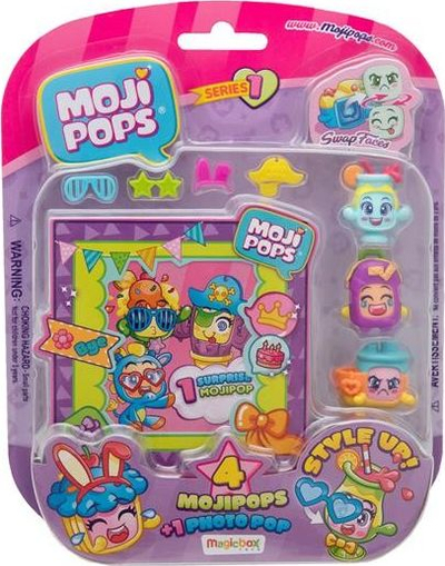 Set lodrash Moji Pops Photo Pop, 4 kukulla të vogla, kornizë fotoje, shumëngjyrëshe