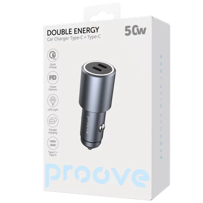 Karikues për makinë Proove Double Energy, 50W, 2×Type-C, metal gri