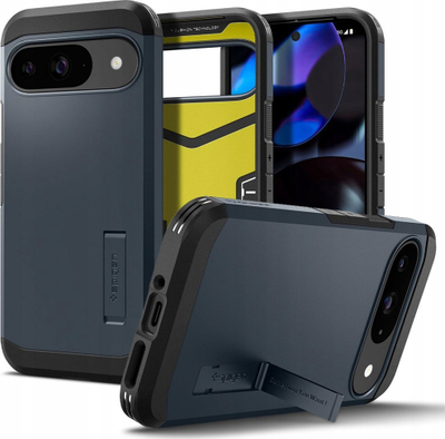 Kapak telefoni Spigen Tough Armor për Pixel 9 dhe Pixel 9 Pro, me këmbë mbajtëse, mbrojtje ushtarake, gri metalike