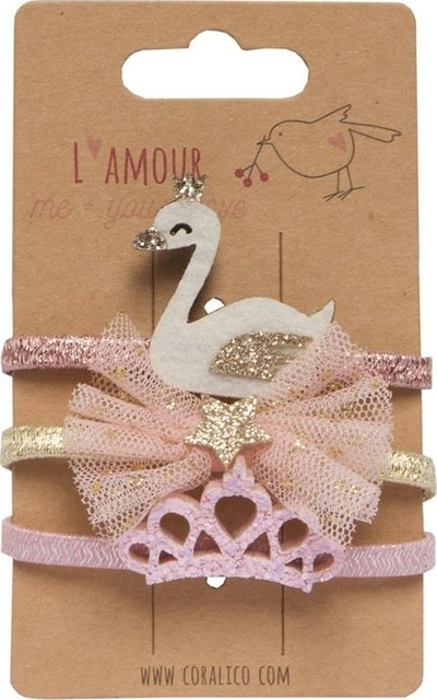 Llastikë flokësh Coralico Hair Ties, set për vajza, dekor mjellmë fjongo kurorë