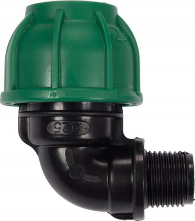 Bërryl 90° për tub PE, 25mm, me filetë mashkullore 1/2", i zi