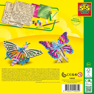 Set kreativ SES Creative 14035 për zbukurim fluturash druri, me bojëra dhe letra zbukuruese, shumëngjyrësh