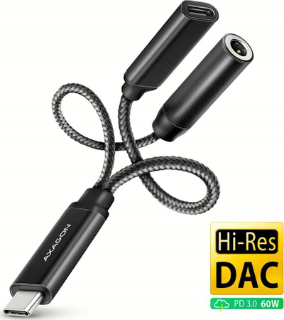 Adapter audio AXAGON ADA HCPD USB C në 3.5mm, DAC 32bit 384kHz, PD 60W, i zi