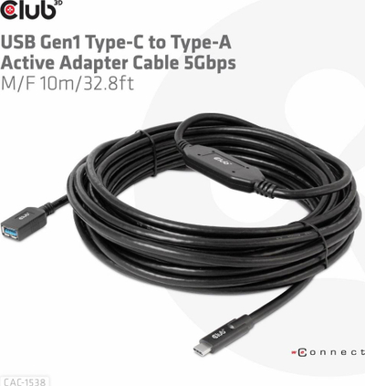 Kabllo USB Club 3D CAC-1538, USB-A me USB-C, 10 m, e zezë
