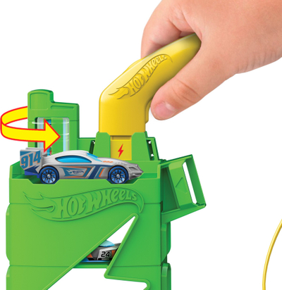 Pistë lodre Hot Wheels City Super Recharge Fuel Station, set lojërash me stacion karikimi EV, për vetura 1:64, shumëngjyrëshe