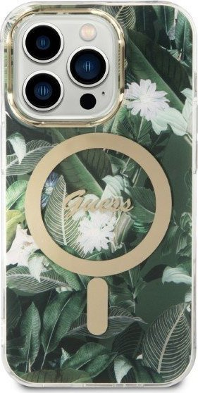 Set aksesorësh Guess Jungle GUBPP14LHJEACSA për iPhone 14 Pro, mbrojtëse e gjelbër MagSafe, karikues wireless gold