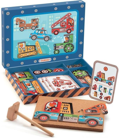 Set kreativ Djeco Tap Tap Building Vehicles, puzzle me mjete, shumëngjyrësh