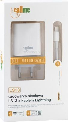 Karikues muri Callme LS13, 2 porta USB QC3.0 PD, 18W, me kabllo Lightning, i bardhë