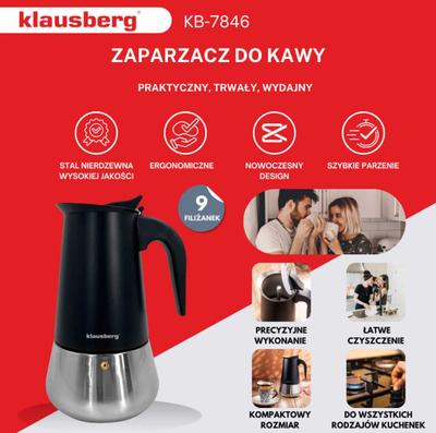 Xhezve për espresso Klausberg KB7846, 9 filxhanë, inoks, ngjyrë argjendi