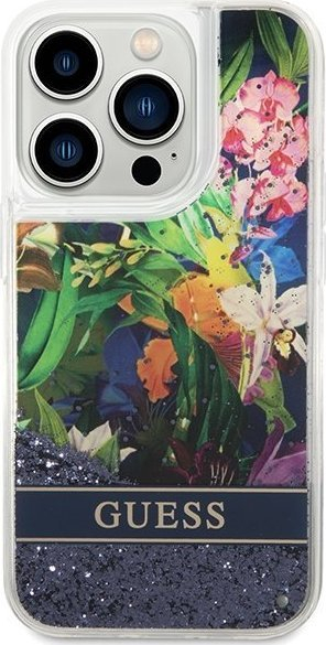 Kapak telefoni Guess Flower Liquid Glitter për iPhone 14 Pro Max, hardcase, blu
