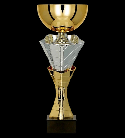 Метален трофеј со капак 4218/BP, 44cm, чаша 14cm, златно сребро