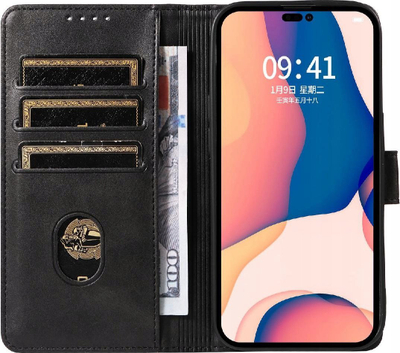 Mbulesë lëkure tip libër për iPhone 16 Pro, me kapak, e zezë