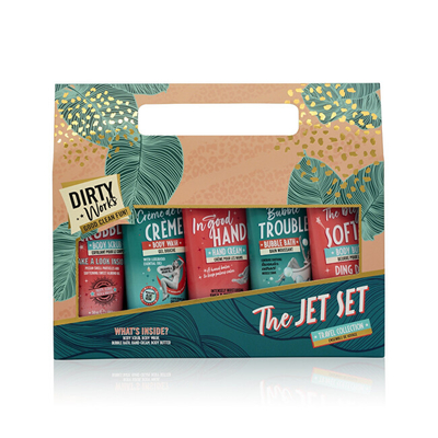 Set dhuratë për femra Dirty Works Neroli, Rock Rose & Jasmine, xhel dushi 50 ml + shkumë për vaskë 50 ml + gjalpë trupi 50 ml + krem duarsh 50 ml + skrab trupi 50 ml