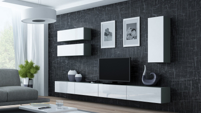 Komodë TV varëse Cama Meble VIGO 140, 140x30x40 cm, gri e bardhë me shkëlqim