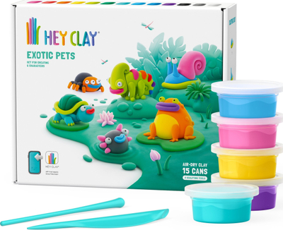 Set plasteline Tm Toys Hey Clay Exotic Animals, 15 kanaçe, 6 figura, shumëngjyrëshe