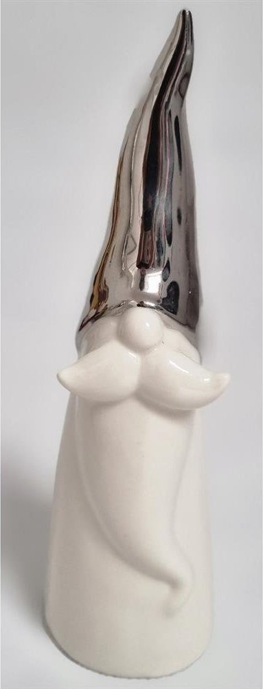 Figurinë zbukuese Krishtlindjesh Saska Garden Santa Gnome, porcelan, 17 cm, e bardhë me kapelë argjendi