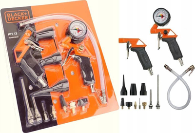 Set aksesorësh për kompresor Black&amp;Decker, 13 pjesë, me pistoletë fryrje, i zi portokalli