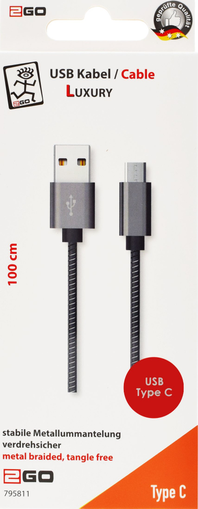 Kabllo USB 2GO USB A në USB C, 1 m, USB 3.2 Gen 1, e zezë argjendi