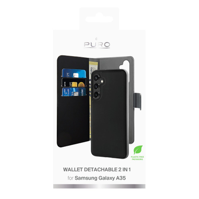 Këllëf-portofol Puro për Samsung Galaxy A35, 2 në 1 me magnet, i zi