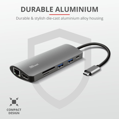 Docking station USB C Trust Dalyx 7 in 1, 4K, 100W, gri