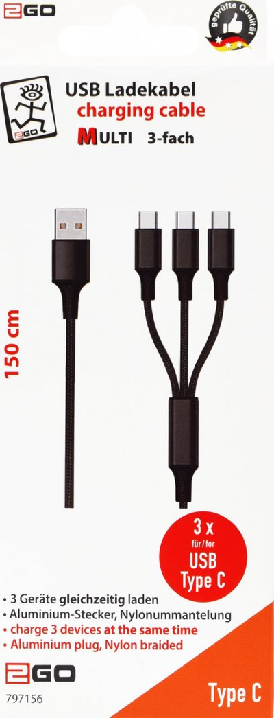 Kабел USB 2GO 797156, USB B во 3x USB C, 1.5m, црна