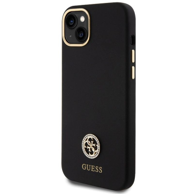 Guaskë telefoni Guess Silicone Logo Strass 4G për iPhone 15 Plus / 14 Plus, silikoni, e zezë