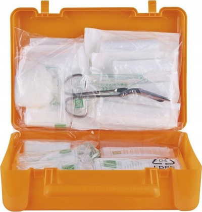 Komplet ndihme e parë për makinë DONAU SAFETY, standard DIN 13164, kuti plastike portokalli