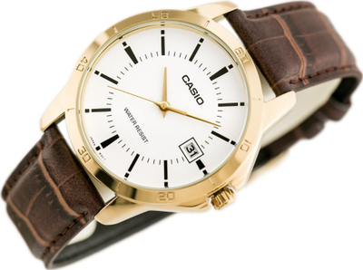 Ora dore Casio MTPV004GL-7A, lëkurë, quartz, ngjyrë ari