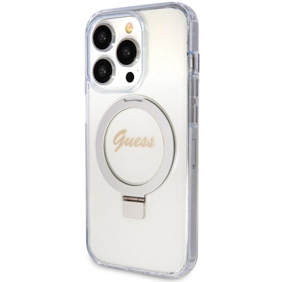 Mbrojtëse telefoni Guess Script Glitter për iPhone 15 Pro 6.1", me MagSafe dhe unazë mbajtëse, transparente