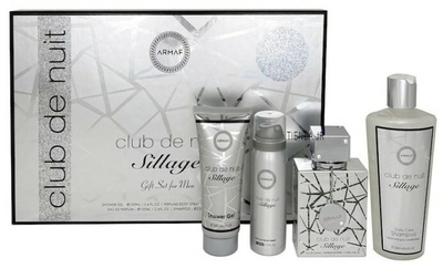 Set eau de parfum 105 ml + xhel dushi 100 ml + deodorant sprej 50 ml + shampo 250 ml Armaf Club De Nuit Sillage