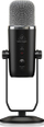 USB микрофон Behringer 2020, кондензаторски студиски, со слушалки и Mute, црн