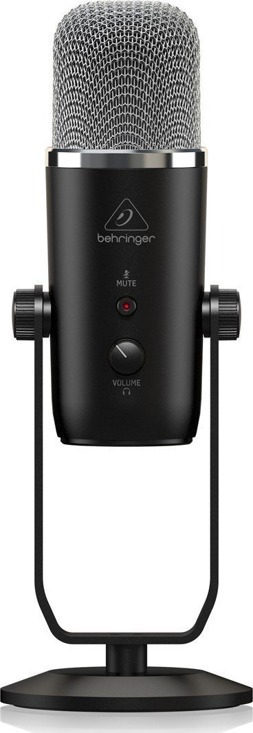 USB микрофон Behringer 2020, кондензаторски студиски, со слушалки и Mute, црн