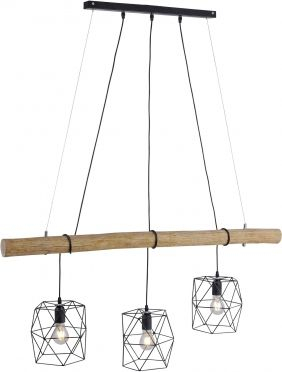 Lampë varese Mediena me stil industrial, 3 drita, metal edhe dru, e zezë