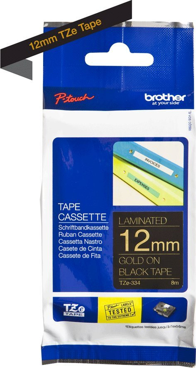 Kasetë etiketuese Brother TZe-334, 12mm, 8m, ari në të zezë