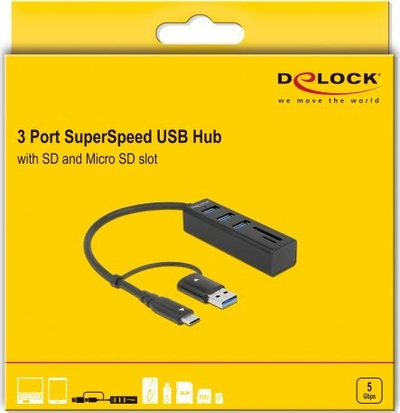 Hub USB DeLOCK 63859, 3 porta USB 3.2 Gen 1, lexues karte SD microSD, i zi