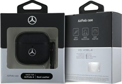 Футрола Mercedes-Benz Leather Metal Logo за AirPods 4, природна кожа, со карабинер, црна
