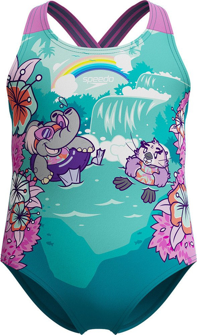 Kostum banje për goca të vogla Learn to Swim Printed Crossback, elastik Enduraflex, me print shumëngjyrësh, i gjelbër