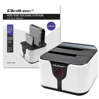 Doking stacion Qoltec për HDD SSD, 2.5" 3.5", SATA III USB 3.0, i bardhë e zi