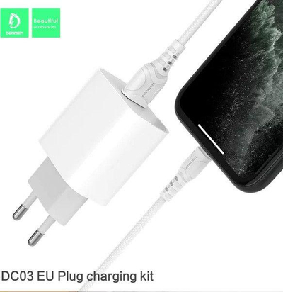 Karikues Denmen DC05 + kabllo Lightning, 2 x USB A, i bardhë