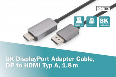 Kabllo Digitus DisplayPort në HDMI, 1.8m, 8K, e zezë