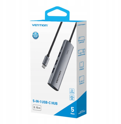 Hub USB Vention 5 në 1, USB C 3.0, 0.15m, gri
