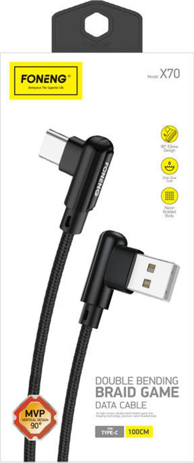 Kabllo karikimi Foneng X70 USB në USB C, 3A, 1m, i zi