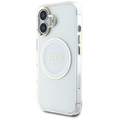 Маска за телефон Guess IML Metal Circle Classic Logo MagSafe за iPhone 16 6.1", бела
