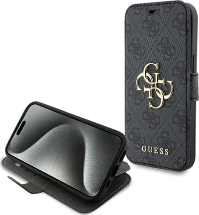 Kapak telefoni Guess 4G Logo për iPhone 15, tip portofol, me vende për karta, gri