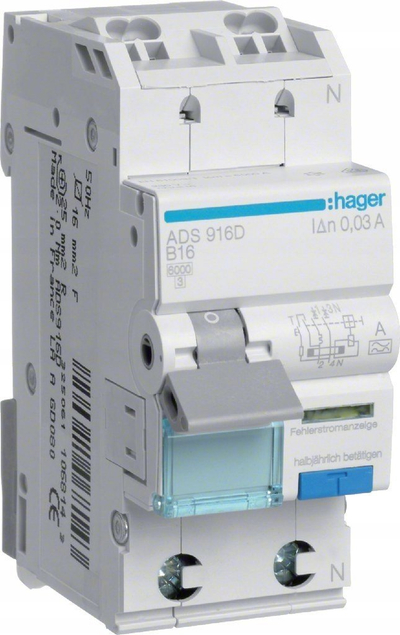 Ndërprerës diferencial Hager ADS916D, RCBO 1P+N 16A 30mA, 6kA Type A, gri