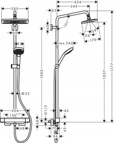 Kolonë dushi Hansgrohe Croma E 280 1jet Showerpipe, termostat, 280mm, krom