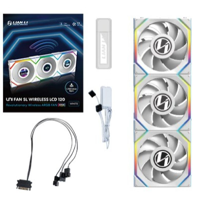 Ventilatorë kastore Lian Li UNI FAN SL Wireless LCD 120, 12 cm, set 3 copë, të bardhë
