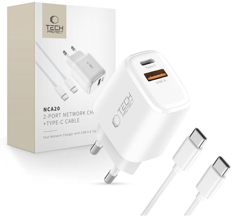 Karikues muri Tech-Protect NCA20, 20W PD QC3.0, USB-A USB-C me kabllo USB-C 100cm, i bardhë