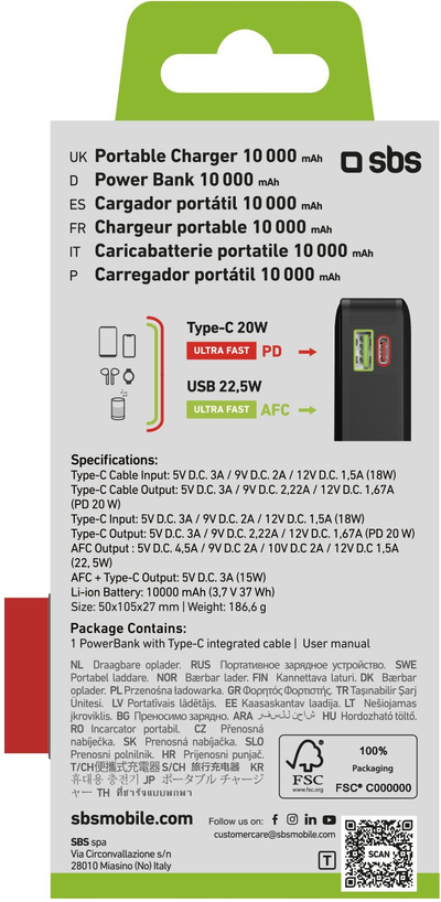 Powerbank SBS 10000mAh, 20W, me kabllo USB-C të integrume, e zezë