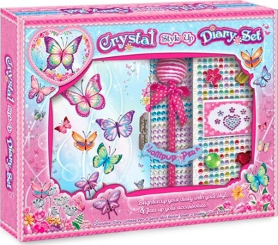 Set ditari kreativ Pulio Crystal Diary Set, me stilolaps dhe ngjitëse kristalesh, me flutura shumëngjyrëshe